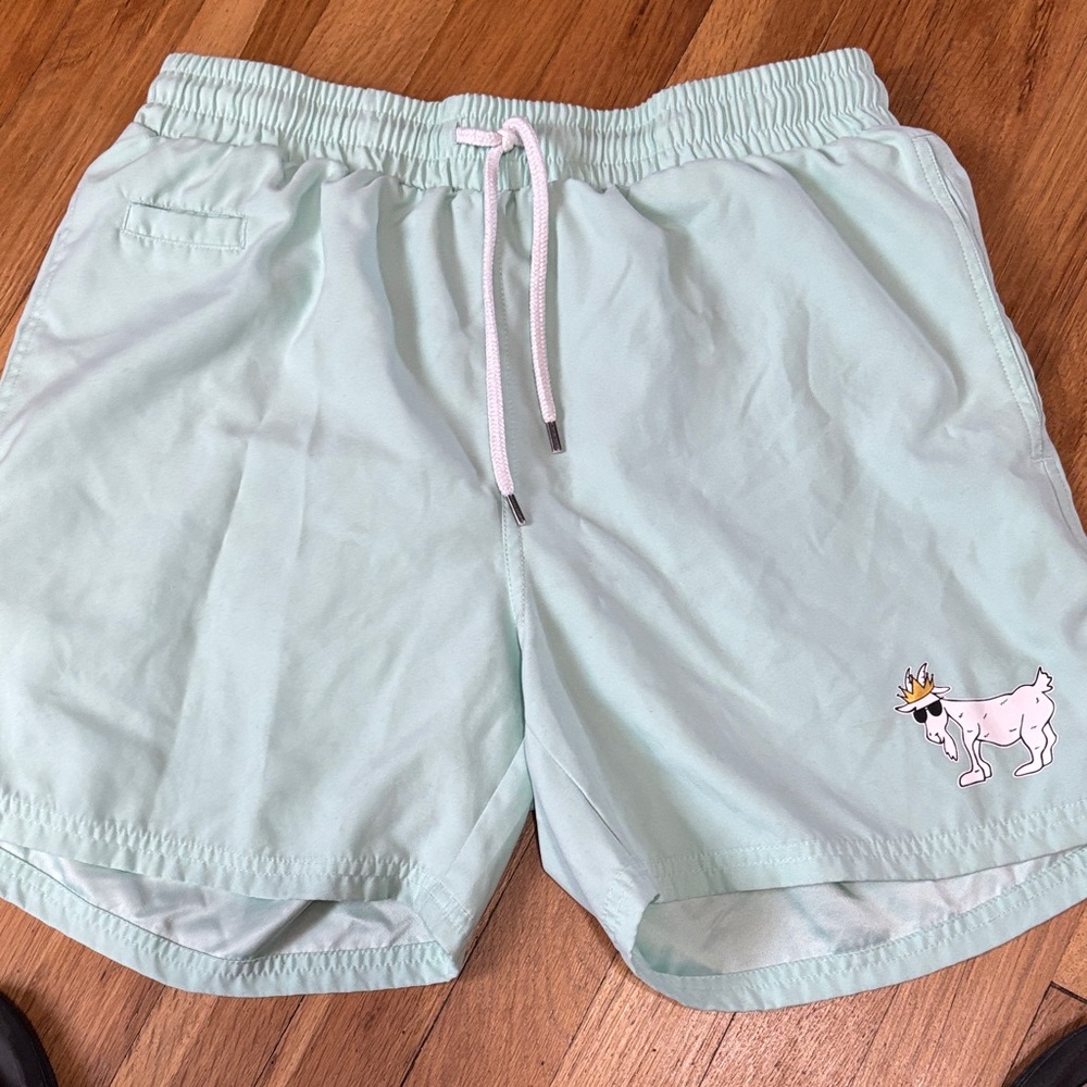 Mint Green Swim Trunks with Crowned Dog Design